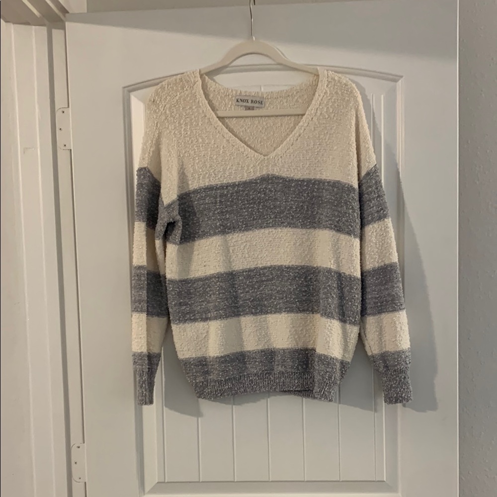 Knox Rose Women's Cream and Gray Striped Sweater Oversized